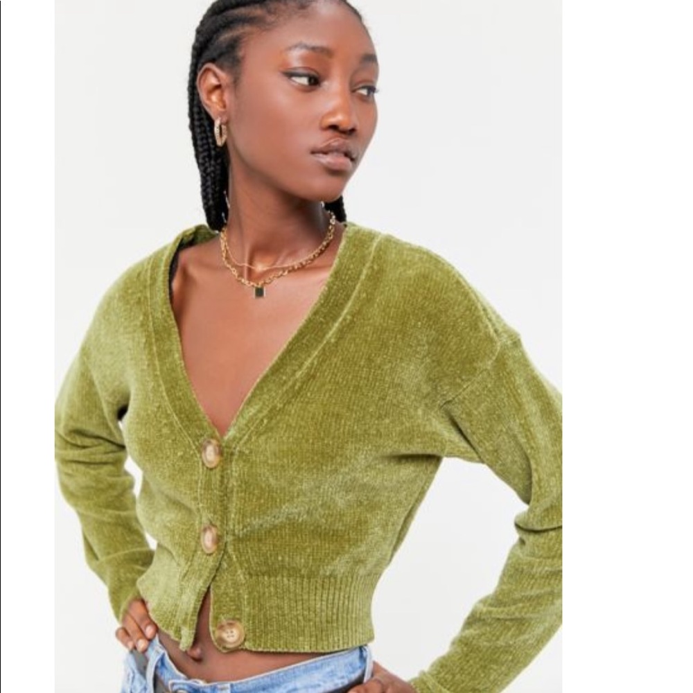 UO Honey Plush Cropped Cardigan Olive Sz Small